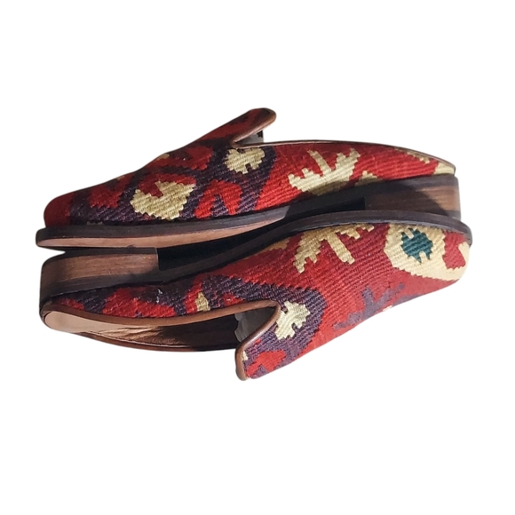 Vintage Red Brown Turkish Wool Rug Mules Slip Ons Stacked Wood Block Heels - Picture 11 of 16